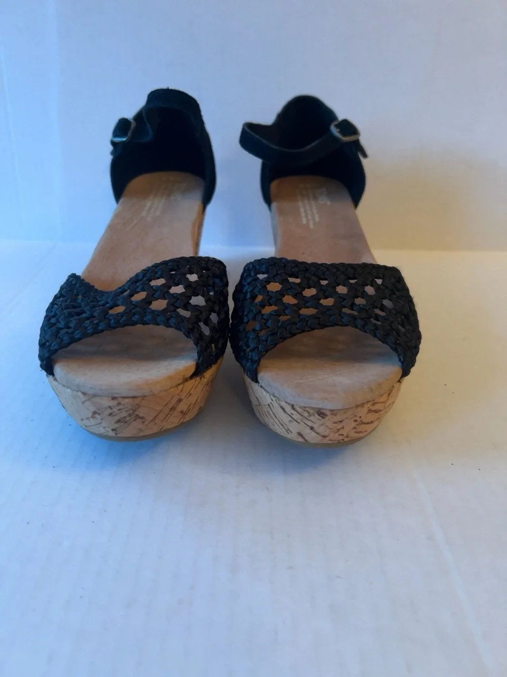 TOMS Black Suede Wedge Sandals Women’s 9.5 Braided Open Toe Cork Platform Ankle